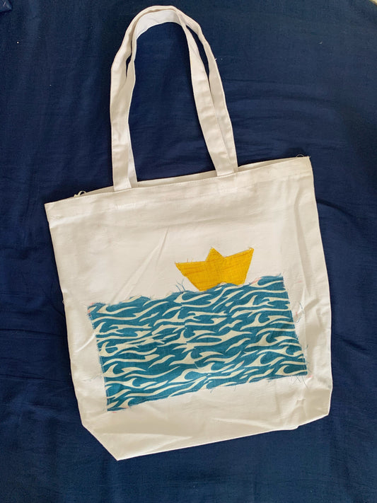 Yellow boat Totebag (14x15x4”)